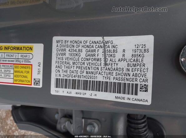 2HGFE4F89TH329331 2026 HONDA CIVIC HYBRID Blue 
