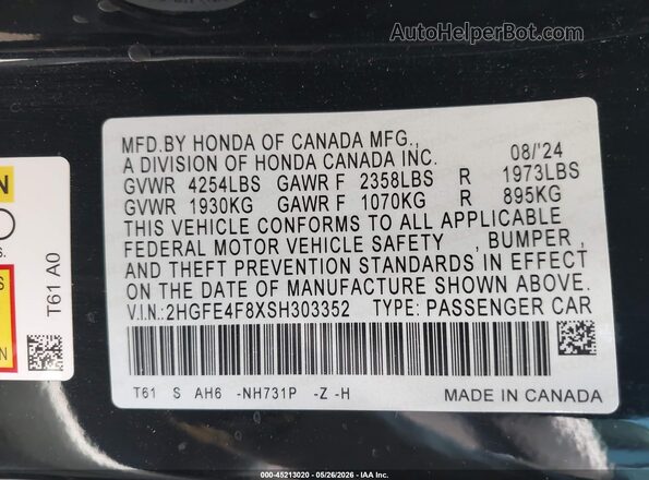 2HGFE4F8XSH303352 2025 HONDA CIVIC Black Вид підкапотного простору