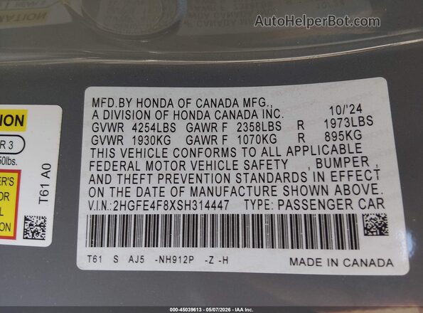 2HGFE4F8XSH314447 2025 HONDA CIVIC Gray Widok komory silnika
