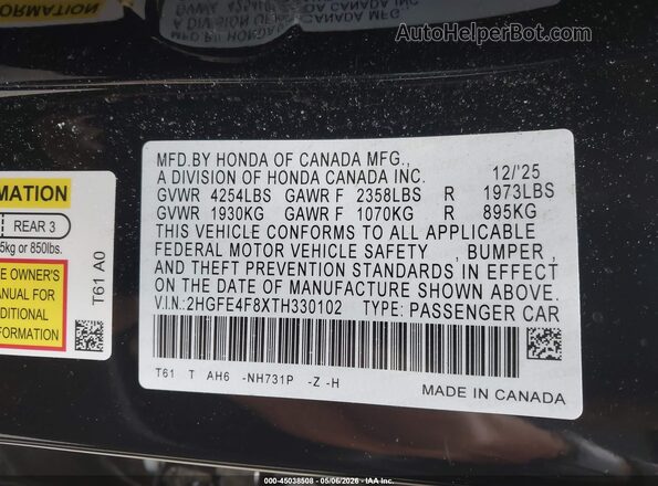 2HGFE4F8XTH330102 2026 HONDA CIVIC Black Engine compartment view
