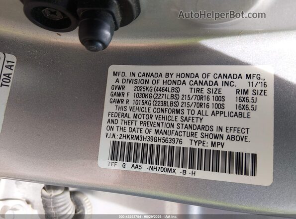 2HKRM3H39GH563976 2016 HONDA CR-V Silver Widok komory silnika