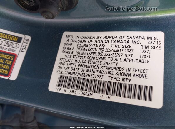 2HKRM3H58GH531277 2016 HONDA CR-V Light Blue Vista del compartimento del motor