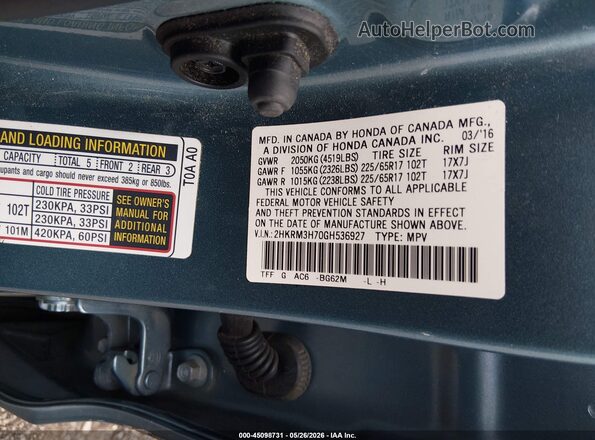 2HKRM3H70GH536927 2016 HONDA CR-V Blue 