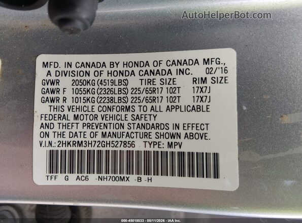 2HKRM3H72GH527856 2016 HONDA CR-V Silver 