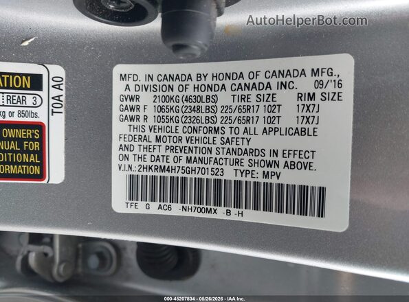 2HKRM4H75GH701523 2016 HONDA CR-V Silver Engine compartment view