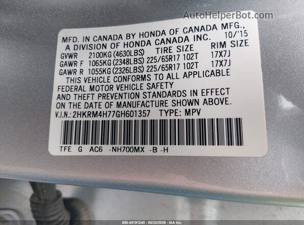 2HKRM4H77GH601357 2016 HONDA CR-V Silver Widok komory silnika