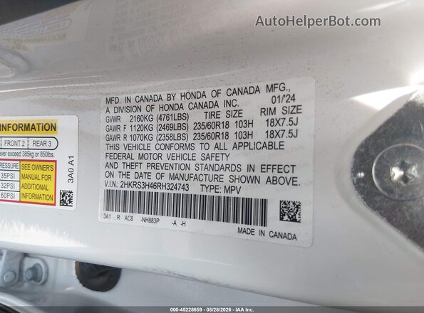 2HKRS3H46RH324743 2024 HONDA CR-V White Շարժիչի բաժամունքի տեսք