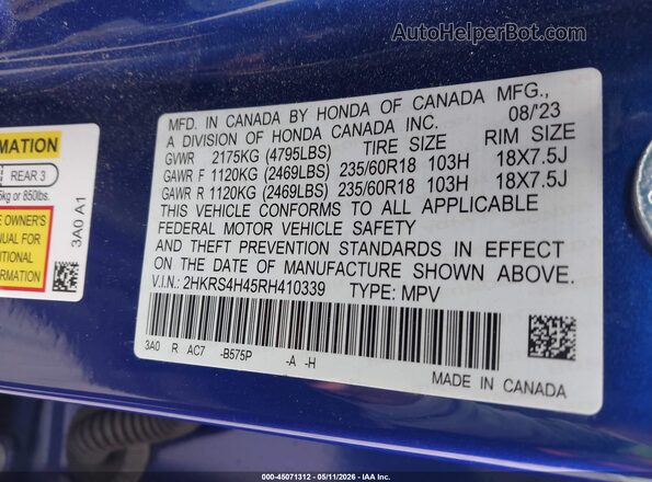 2HKRS4H45RH410339 2024 HONDA CR-V Blue Vista del compartimento del motor