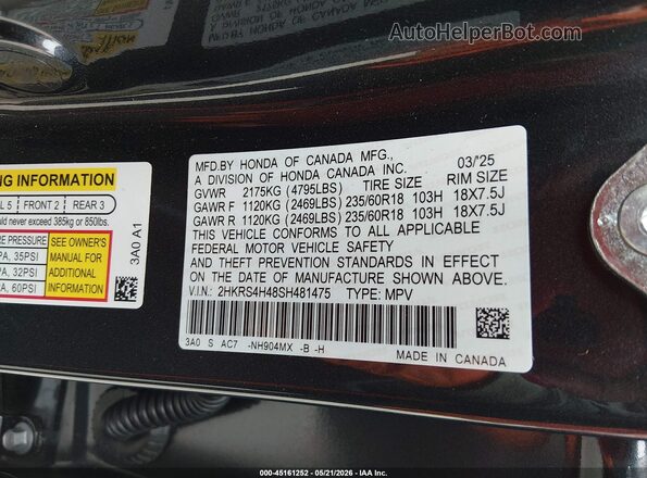 2HKRS4H48SH481475 2025 HONDA CR-V Gray Widok komory silnika