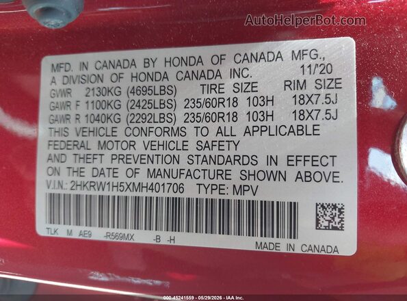 2HKRW1H5XMH401706 2021 HONDA CR-V Burgundy Շարժիչի բաժամունքի տեսք