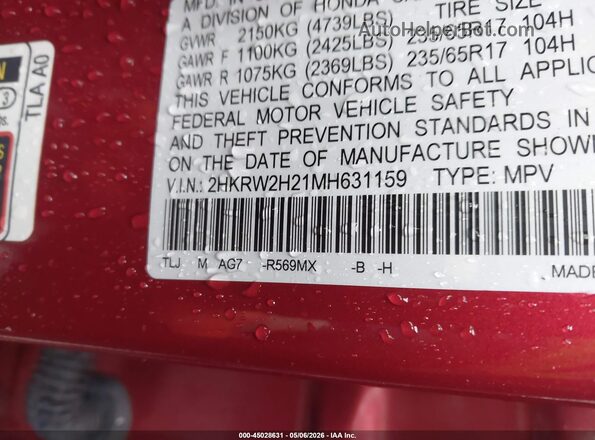 2HKRW2H21MH631159 2021 HONDA CR-V Red 