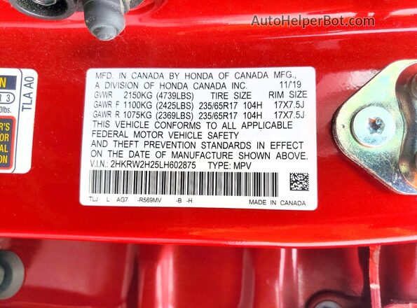2HKRW2H25LH602875 2020 HONDA CR-V Red 