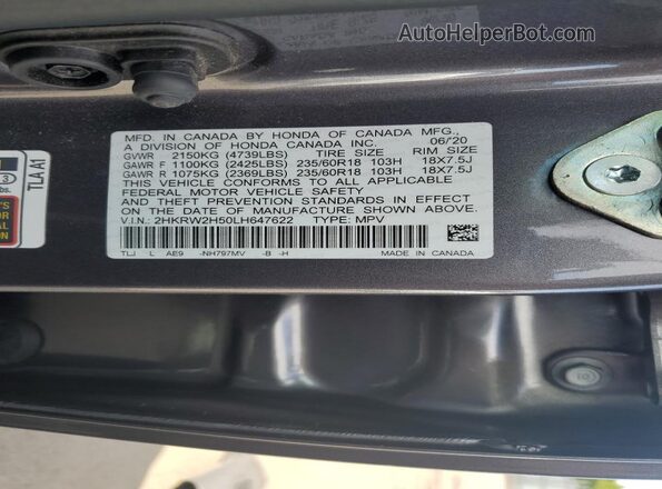 2HKRW2H50LH647622 2020 HONDA CR-V Gray ძრავის განყოფილების ხედი