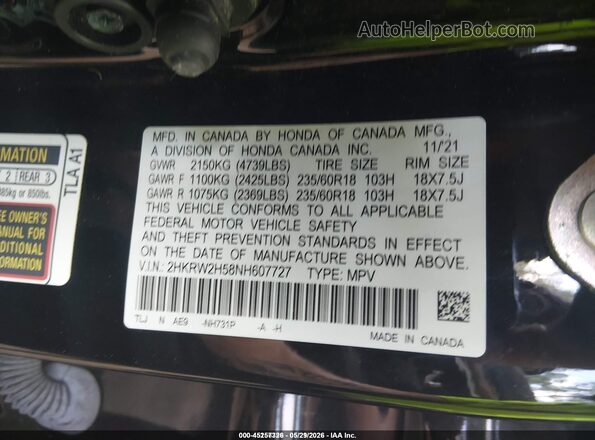 2HKRW2H58NH607727 2022 HONDA CR-V Черный Вид подкапотного пространства