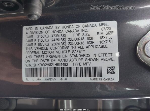 2HKRW2H82LH661483 2020 HONDA CR-V Gray Widok komory silnika