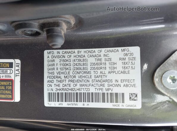 2HKRW2H82LH671723 2020 HONDA CR-V Gray Вид підкапотного простору