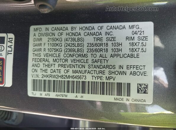 2HKRW2H82MH645673 2021 HONDA CR-V Gray Շարժիչի բաժամունքի տեսք