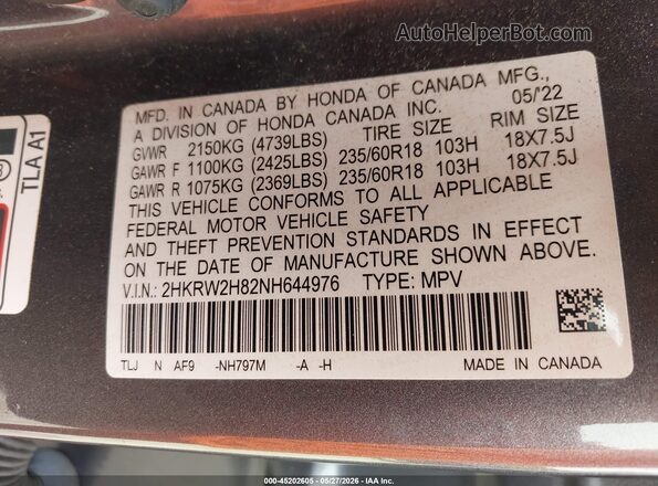2HKRW2H82NH644976 2022 HONDA CR-V Gray Widok komory silnika