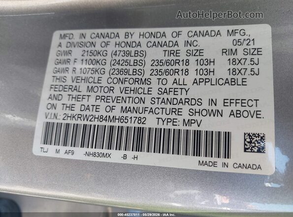 2HKRW2H84MH651782 2021 HONDA CR-V Silver Engine compartment view