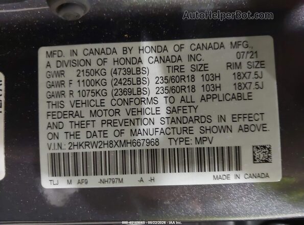 2HKRW2H8XMH667968 2021 HONDA CR-V Gray Vista del compartimento del motor
