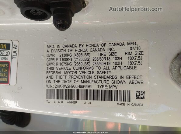 2HKRW2H93JH664494 2018 HONDA CR-V White Widok komory silnika