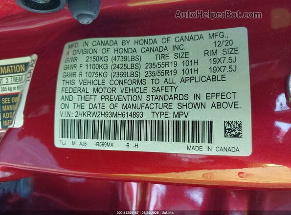 2HKRW2H93MH614893 2021 HONDA CR-V Red Widok komory silnika