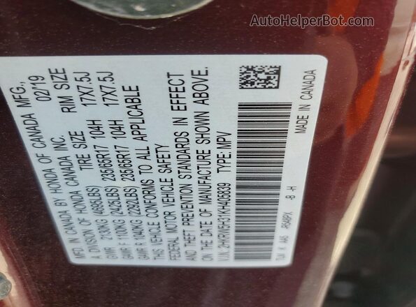 2HKRW5H31KH405839 2019 HONDA CR-V Burgundy 