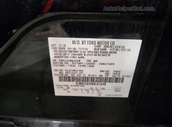 2LMHJ5AT0KBL01648 2019 LINCOLN MKT Black Widok naklejki z numerem VIN