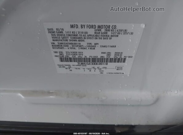 2LMHJ5ATXKBL00118 2019 LINCOLN MKT White Շարժիչի բաժամունքի տեսք