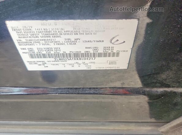 2LMHJ5ATXKBL04217 2019 LINCOLN MKT Black VIN კოდის სტიკერის ხედი
