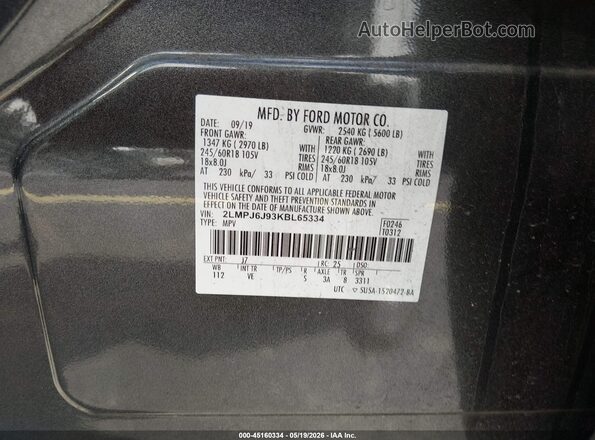 2LMPJ6J93KBL65334 2019 LINCOLN NAUTILUS Gray 