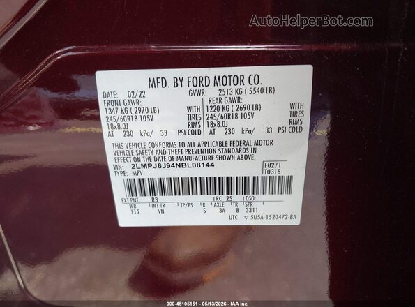 2LMPJ6J94NBL08144 2022 LINCOLN NAUTILUS Maroon 