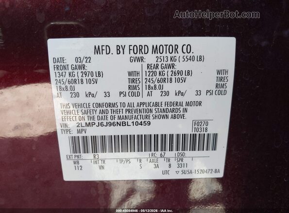 2LMPJ6J96NBL10459 2022 LINCOLN NAUTILUS Maroon Widok komory silnika