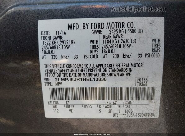 2LMPJ6JR1HBL13838 2017 LINCOLN MKX Gray Engine compartment view