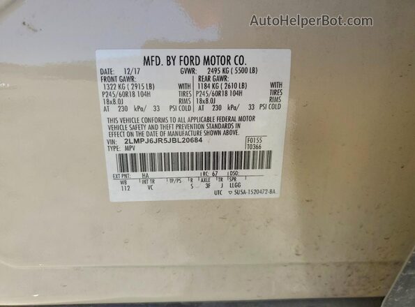 2LMPJ6JR5JBL20684 2018 LINCOLN MKX Кремовый Вид наклейки с VIN-кодом