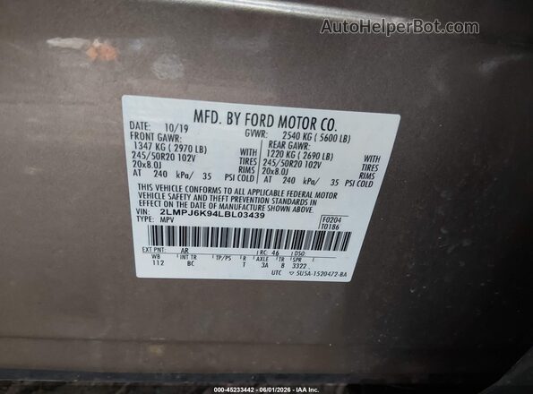 2LMPJ6K94LBL03439 2020 LINCOLN NAUTILUS Tan Вид підкапотного простору