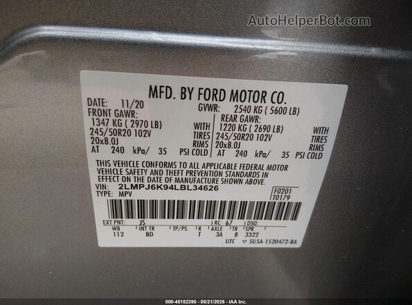 2LMPJ6K94LBL34626 2020 LINCOLN NAUTILUS Gray Vista del compartimento del motor