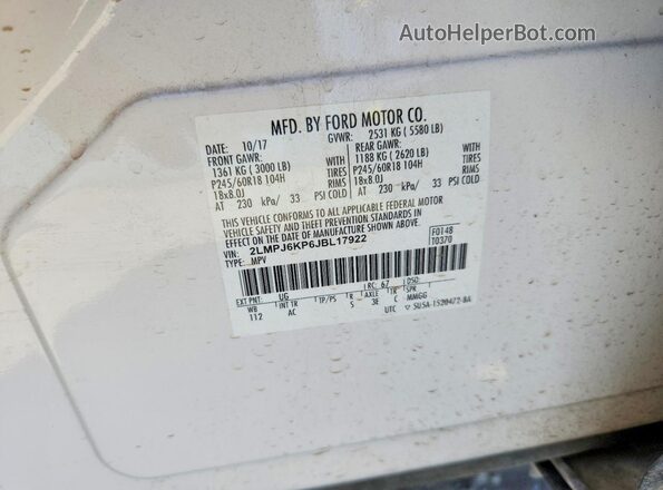 2LMPJ6KP6JBL17922 2018 LINCOLN MKX White 