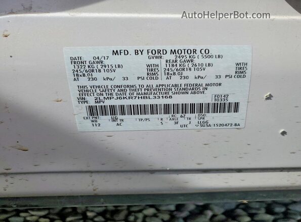 2LMPJ6KR7HBL33168 2017 LINCOLN MKX White 