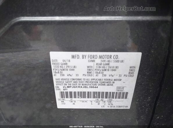 2LMPJ6KRXJBL39844 2018 LINCOLN MKX Gray ძრავის განყოფილების ხედი