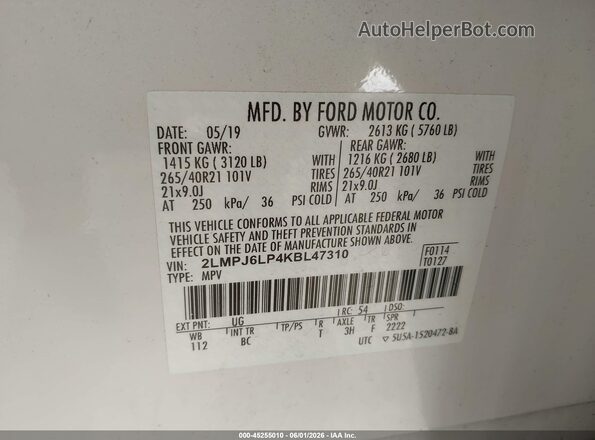 2LMPJ6LP4KBL47310 2019 LINCOLN NAUTILUS White Вид підкапотного простору