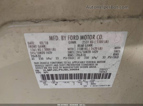 2LMPJ6LP6JBL30684 2018 LINCOLN MKX Beige ძრავის განყოფილების ხედი