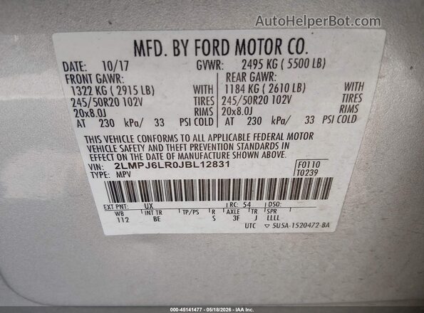 2LMPJ6LR0JBL12831 2018 LINCOLN MKX Silver Շարժիչի բաժամունքի տեսք