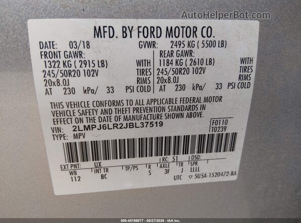 2LMPJ6LR2JBL37519 2018 LINCOLN MKX Silver Շարժիչի բաժամունքի տեսք