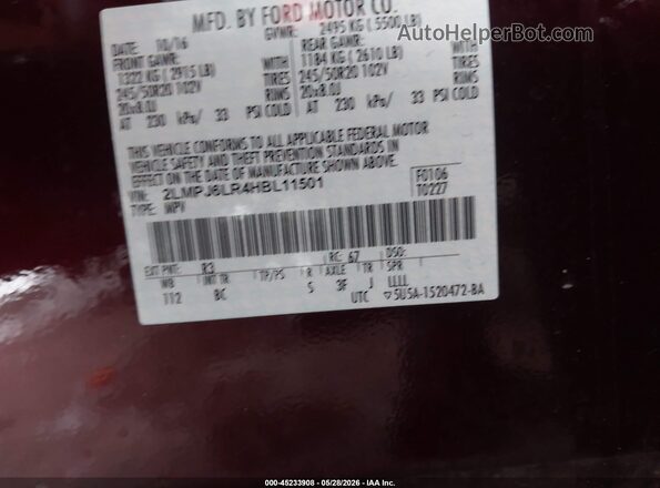 2LMPJ6LR4HBL11501 2017 LINCOLN MKX Burgundy ძრავის განყოფილების ხედი