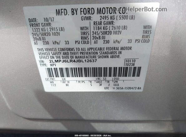 2LMPJ6LR4JBL12637 2018 LINCOLN MKX Silver Vista del compartimento del motor
