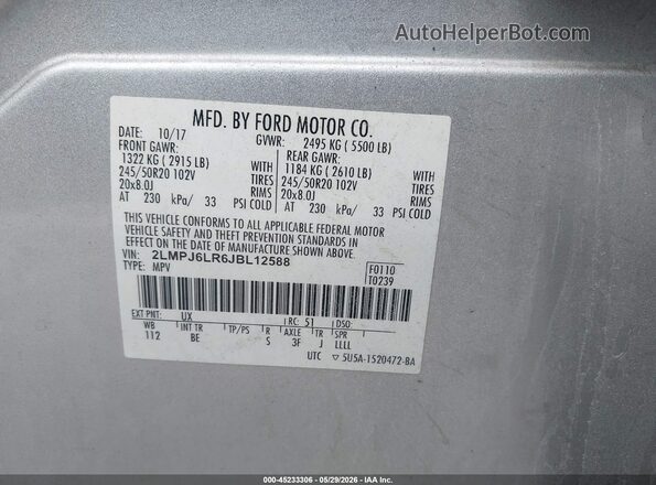 2LMPJ6LR6JBL12588 2018 LINCOLN MKX Silver ძრავის განყოფილების ხედი