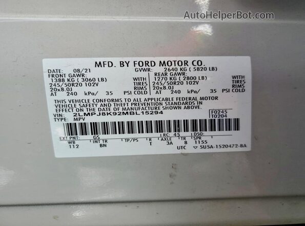 2LMPJ8K92MBL15294 2021 LINCOLN NAUTILUS Beige VIN sticker view