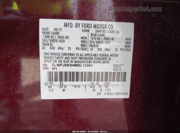 2LMPJ8K94MBL13983 2021 LINCOLN NAUTILUS Maroon ძრავის განყოფილების ხედი