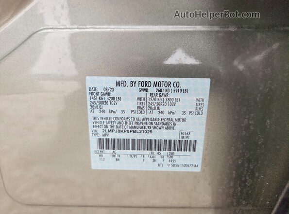2LMPJ8KP9PBL21029 2023 LINCOLN NAUTILUS Beige VIN sticker view